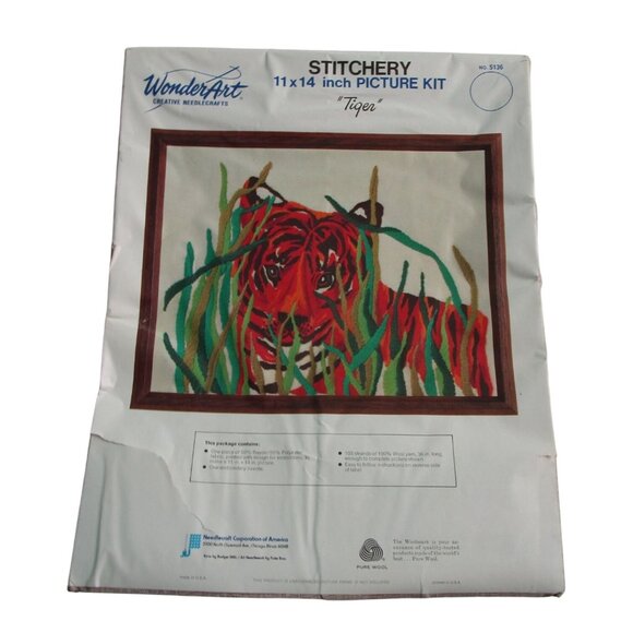 Vintage Wonder Art Wool Stitchery Tiger Picture Embroidery Kit Unworked - Picture 1 of 10